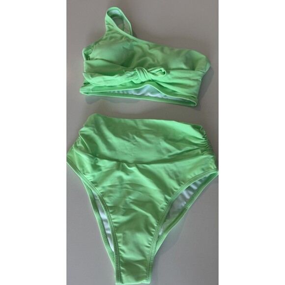 One Shoulder High Waisted Bikini Set Two Piece Tie High Leg Swimsuit green Small - Picture 7 of 13